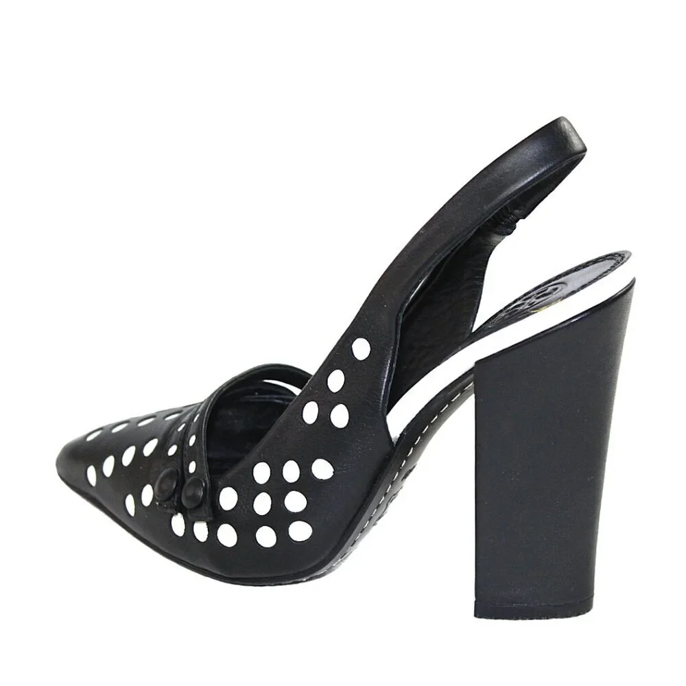 Tory Burch Kay Black Ivory Polka Dot Leather Sling Back Heels, Size 6.5